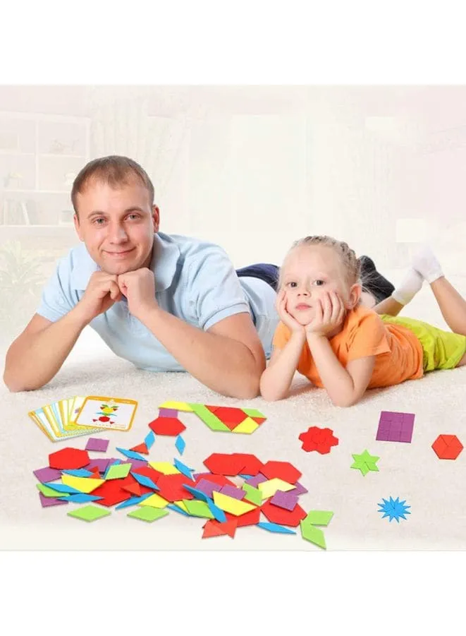 155 Pcs Wooden Pattern Blocks Set Geometric Shape Puzzles Preschool Learning Toy STEM Gift for Kids - Kindergarten Educational Montessori Tangram Toys for Boys & Girls with 24 Pcs Design Cards