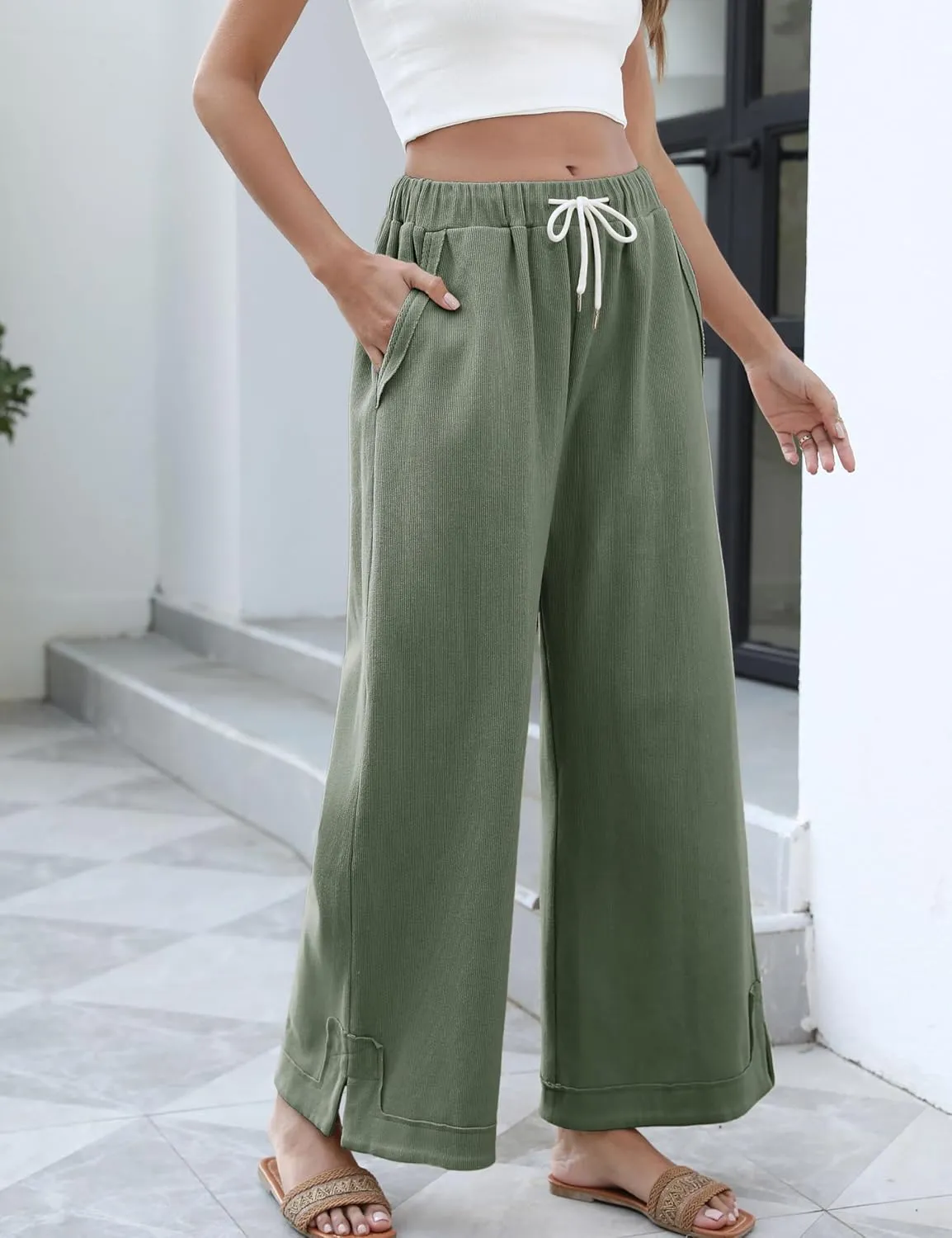 Athlisan Womens Baggy Wide Leg Palazzo Pants Casual Loose Drawstring Elastic Waisted Lounge Trousers with Pockets