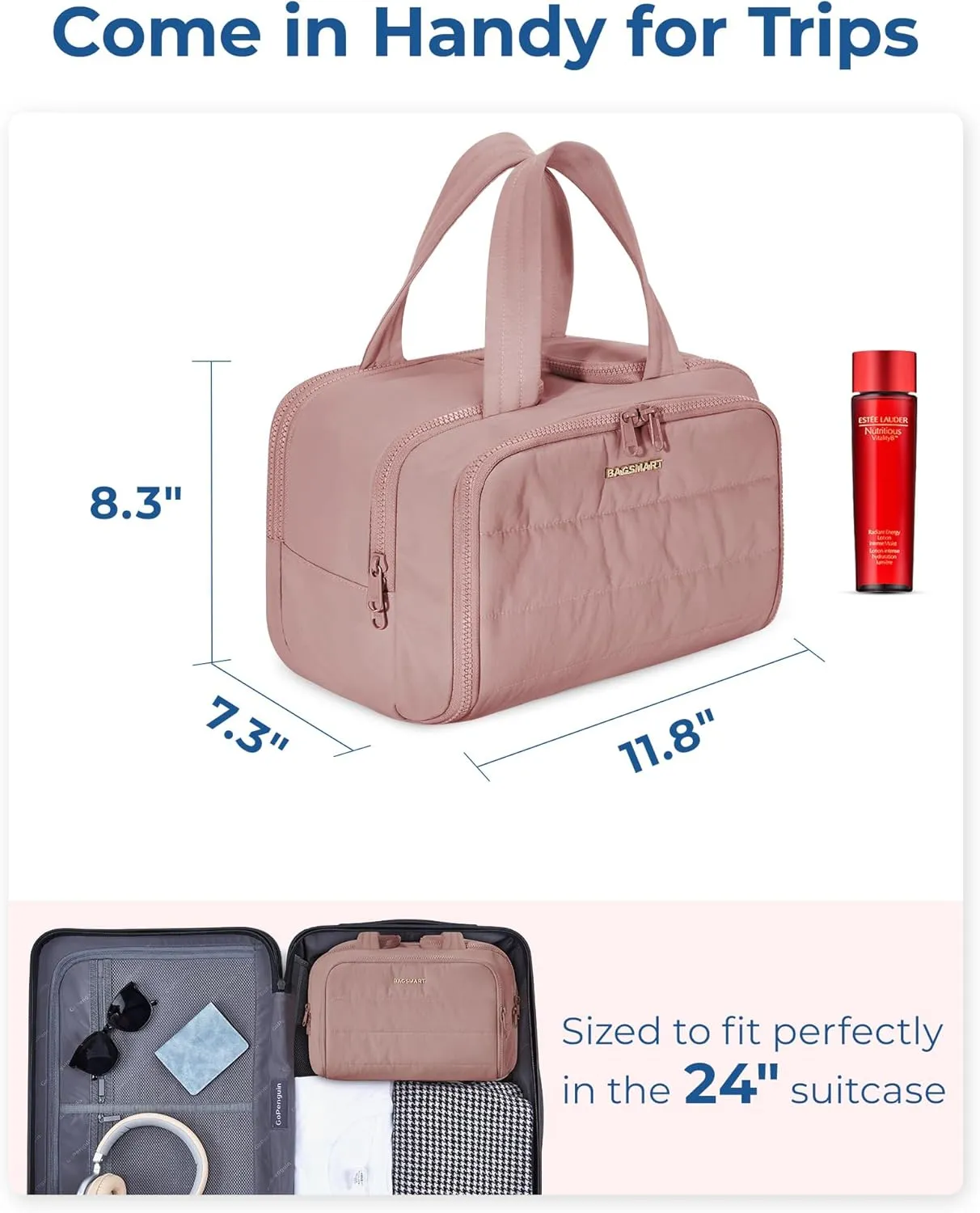 BAGSMART Travel Toiletry Bag, Lightweight Large Wide-open Travel Bag for Women, Puffy Cosmetic Makeup Bag Organizer with Handle for Accessories,Essentials, Toiletries, Dark Pink