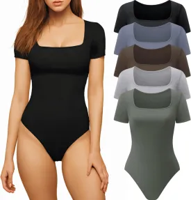 CE' CERDR Womens 5 Pack Short Sleeve Bodysuits Square Neck T-shirt Basic Casual Tops Body suit