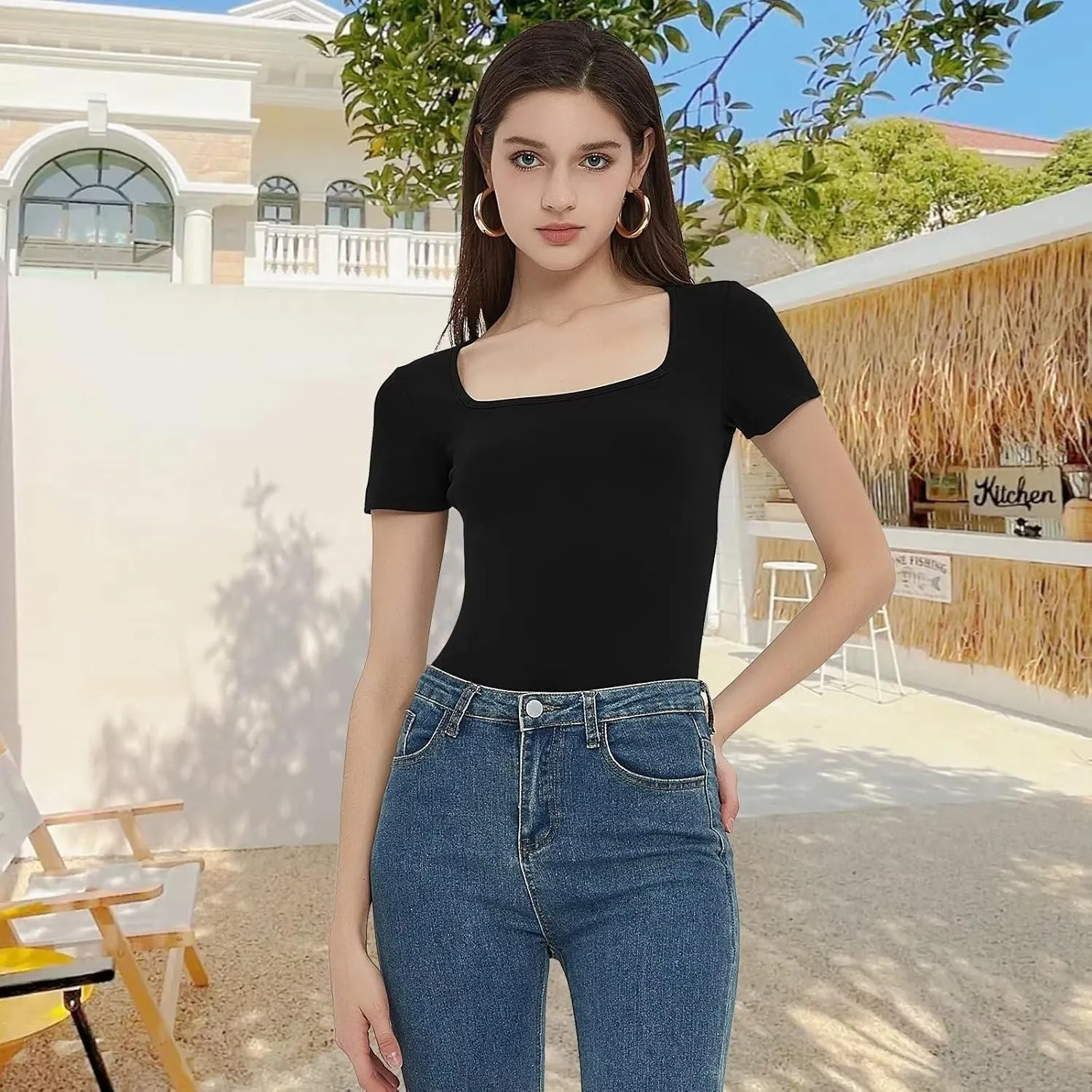 CE' CERDR Womens 5 Pack Short Sleeve Bodysuits Square Neck T-shirt Basic Casual Tops Body suit
