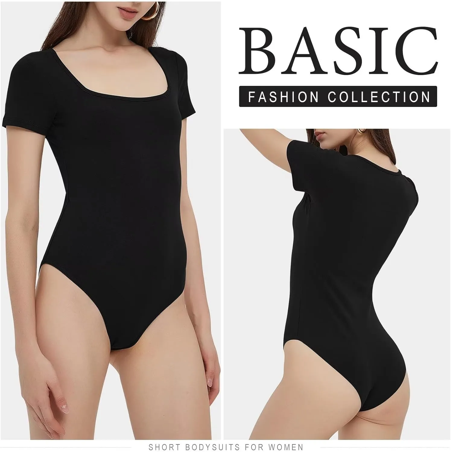 CE' CERDR Womens 5 Pack Short Sleeve Bodysuits Square Neck T-shirt Basic Casual Tops Body suit
