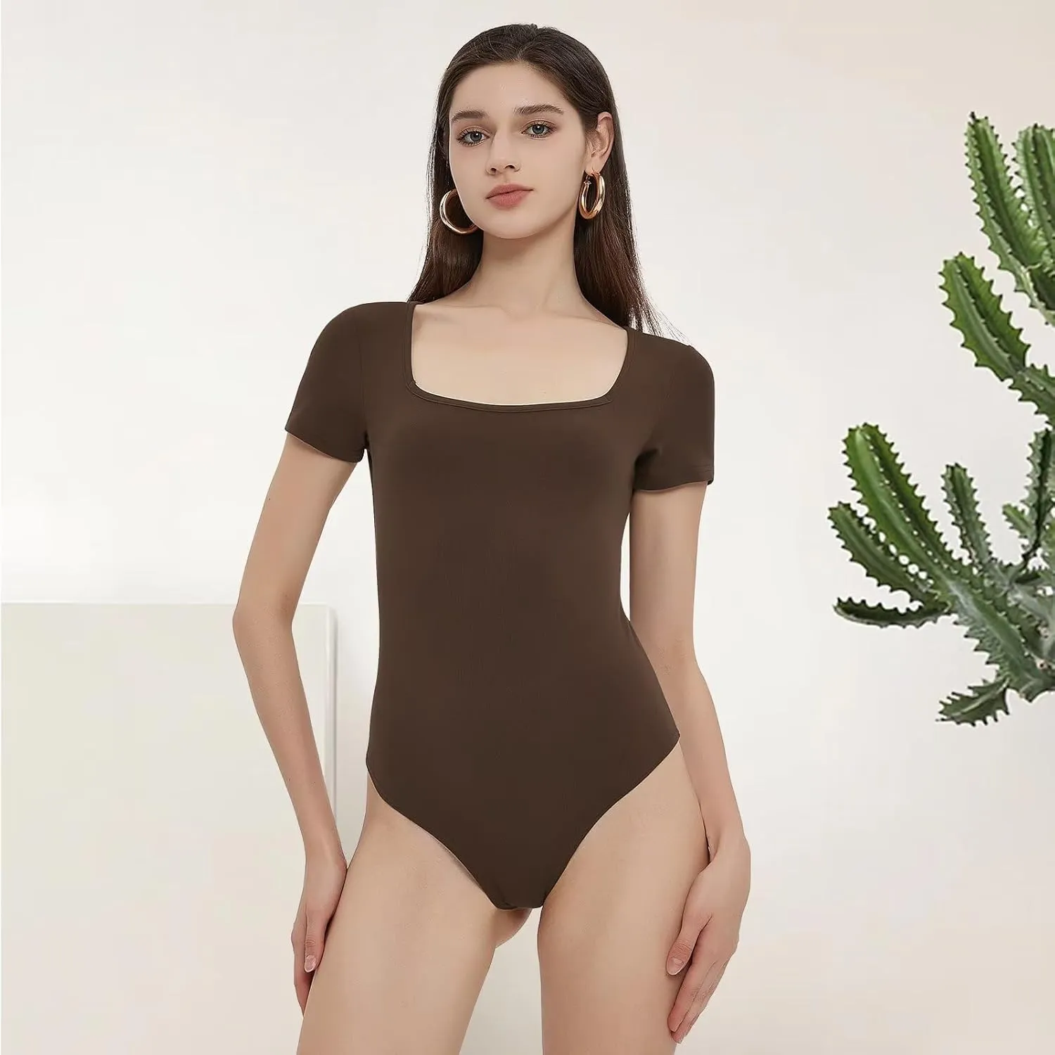 CE' CERDR Womens 5 Pack Short Sleeve Bodysuits Square Neck T-shirt Basic Casual Tops Body suit