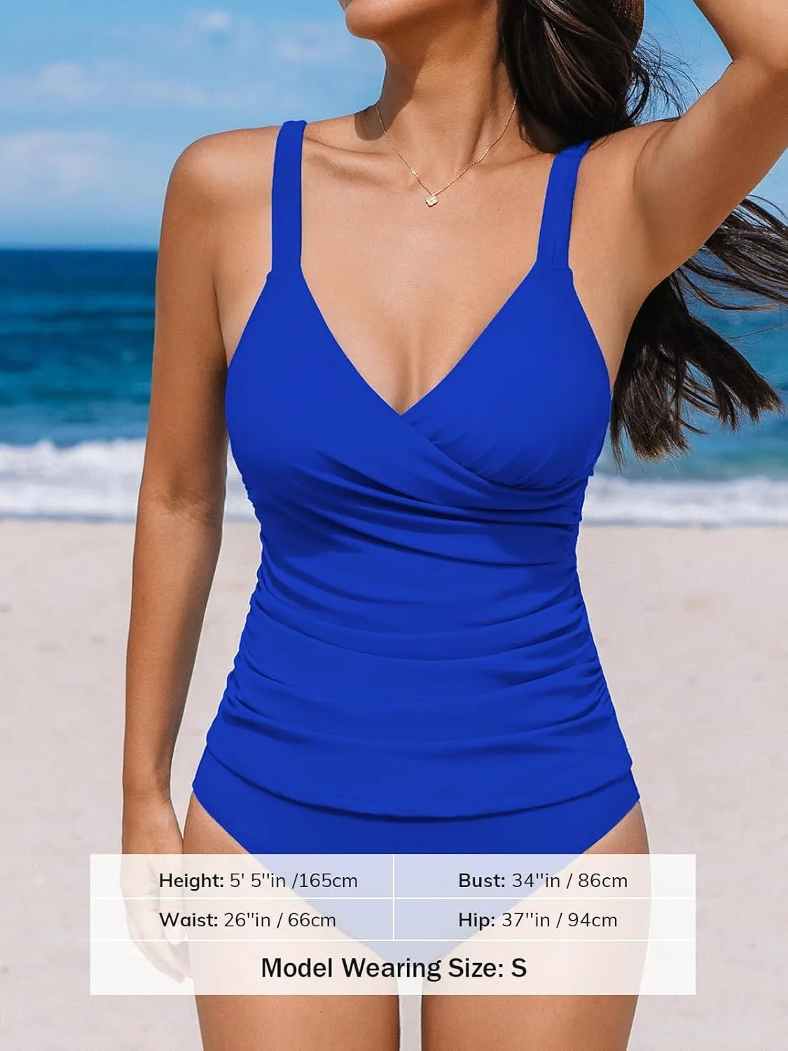 CUPSHE Women's Tankini Sets Surplice V Neck Two Piece Bathing Suits Adjustable Straps Shirred Mid Rise Swimwear