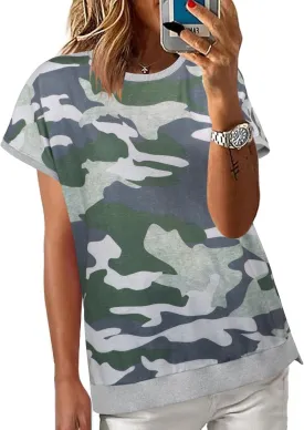 ECOWISH Women Side Split Sweatshirt: Fall Crewneck Long Sleeve Oversized Camo Shirts Casual Camouflage Print Pullover Tops