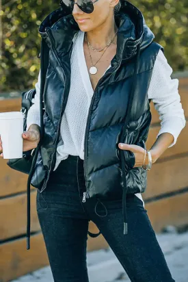 Eliza Pocketed Hooded Faux Leather Puffer Vest