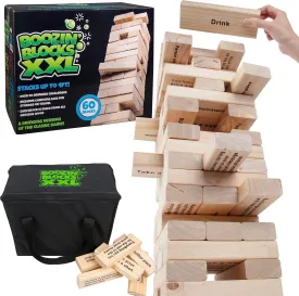 Extra Large Stack Tower Drinking Game w Carrying Case - Stacks up to 5 Ft Tall - 60pcs Giant Wooden Blocks with Drinking Commands (21  Only) - Fun College Dorm Party Game