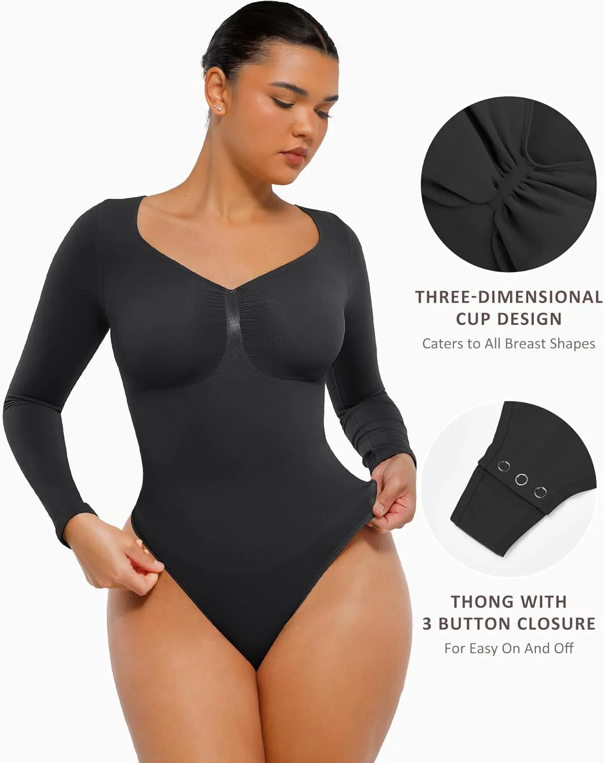 FeelinGirl Women's Long Sleeve Bodysuit for Tummy Control Seamless Body Suits Thong V Neck Going Out Tops