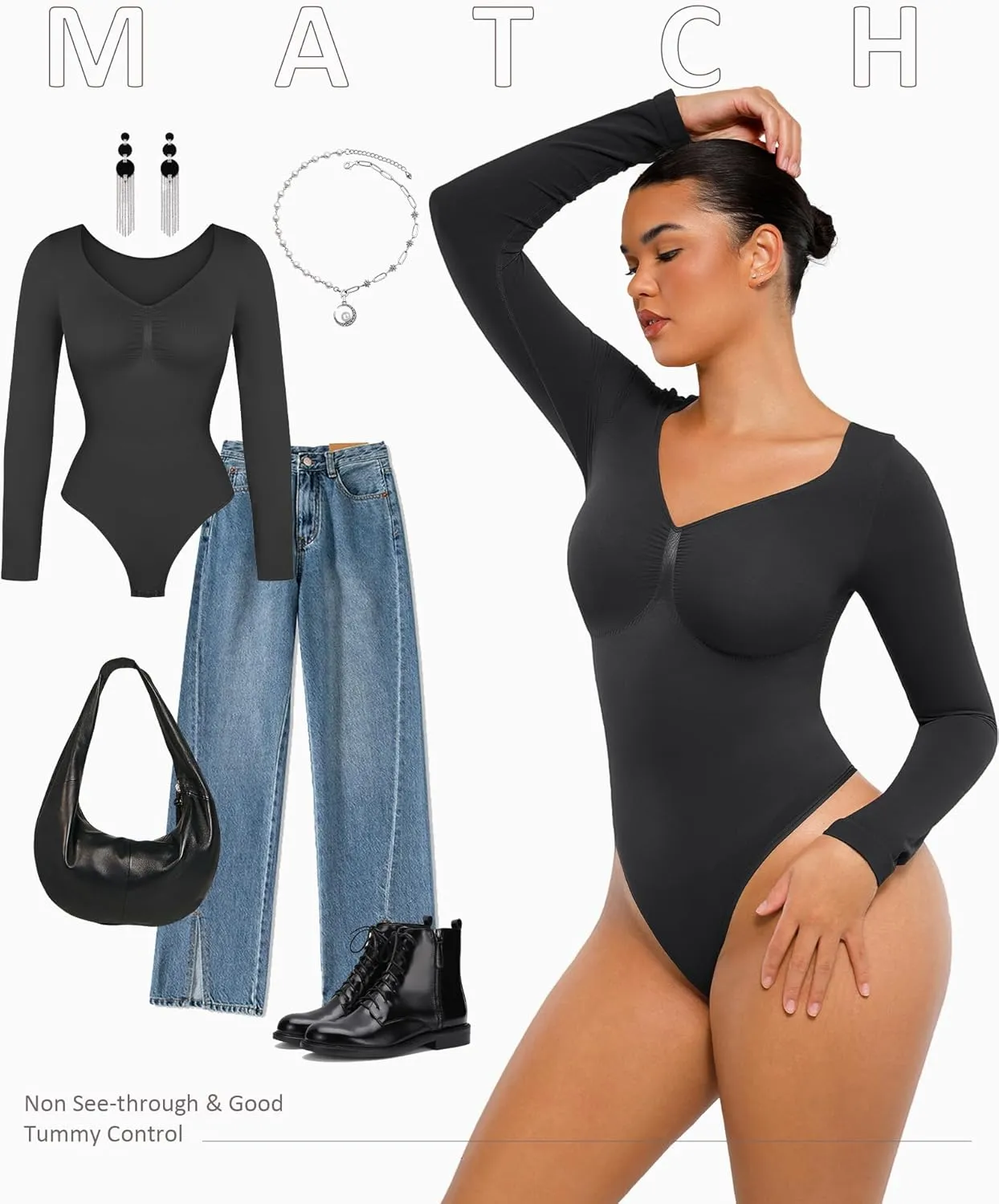 FeelinGirl Women's Long Sleeve Bodysuit for Tummy Control Seamless Body Suits Thong V Neck Going Out Tops