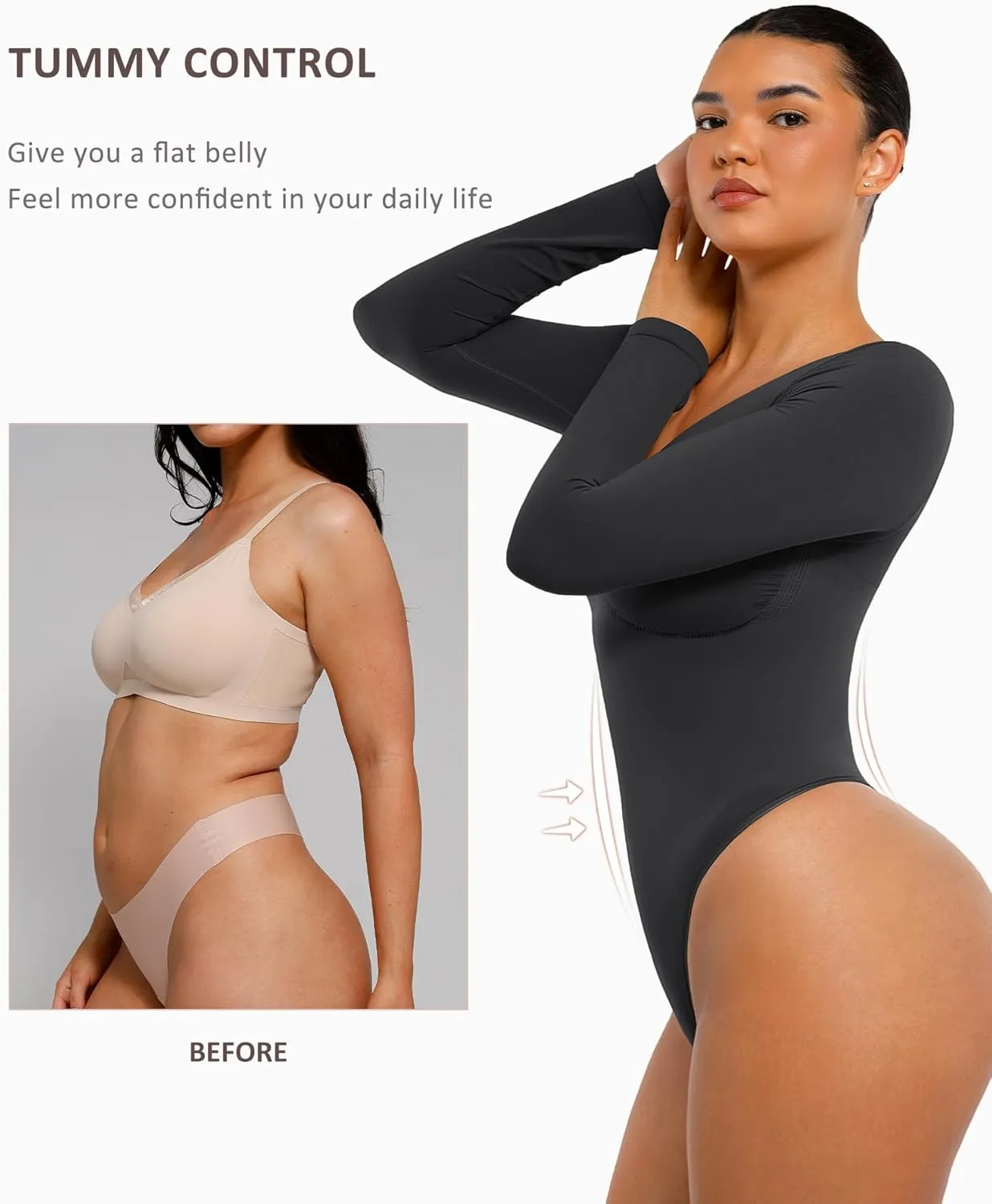 FeelinGirl Women's Long Sleeve Bodysuit for Tummy Control Seamless Body Suits Thong V Neck Going Out Tops