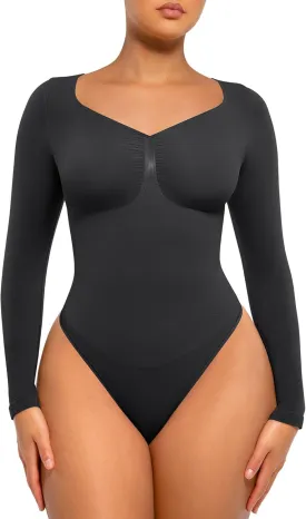 FeelinGirl Women's Long Sleeve Bodysuit for Tummy Control Seamless Body Suits Thong V Neck Going Out Tops