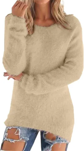 Fluffy Fuzzy Sweater for Women Crewneck Long Sleeve Drop Shoulder Pullovers Solid Basic Loose Winter Warm Jumper