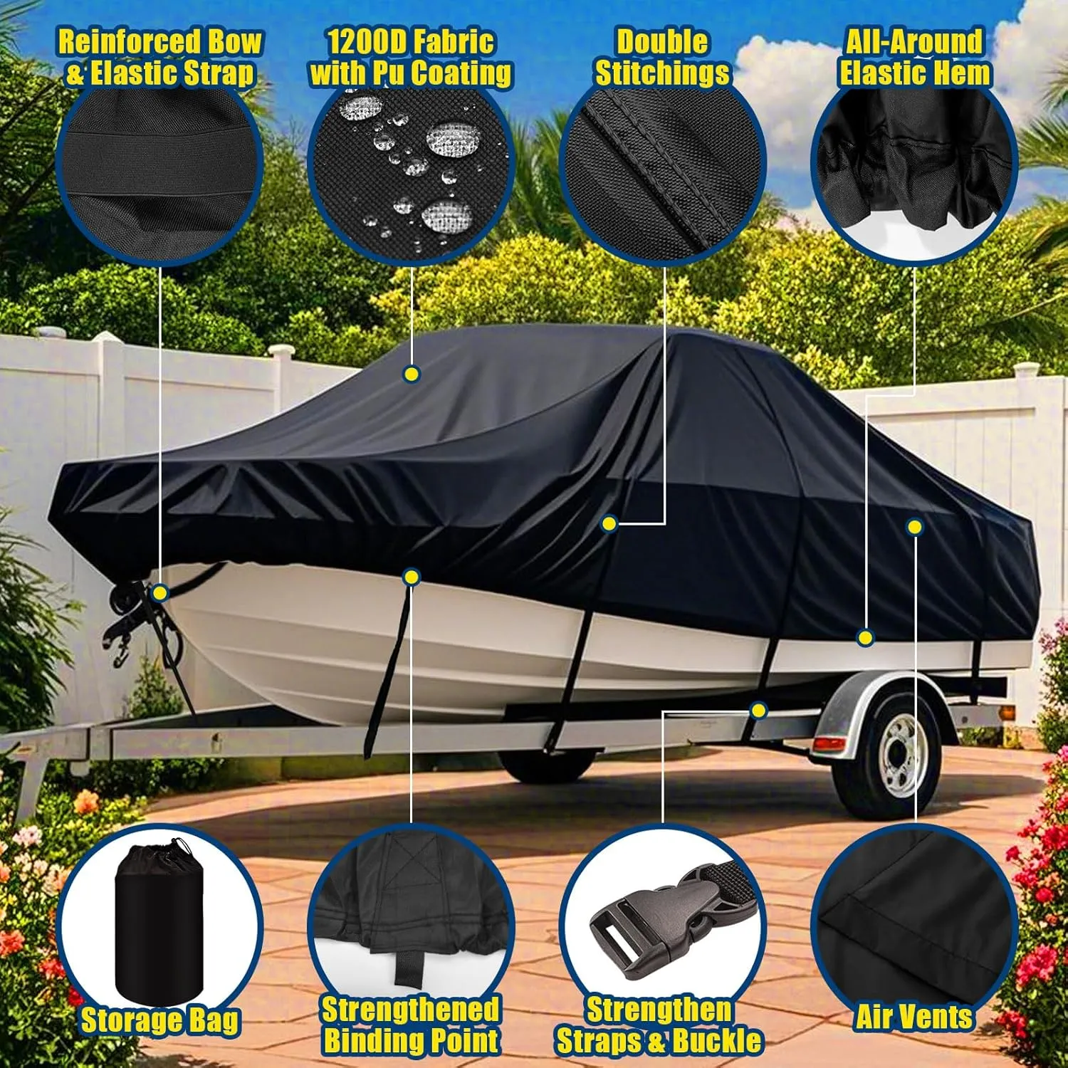 Heavy Duty 1200D Boat Cover, Waterproof & UV Resistant, Fits 14-16 FT X 90" Beam Width V-Hull, Tri-Hull, Bass Boats - Trailerable Marine Grade Cover with Adjustable Straps for All-Weather Protection