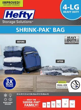 Hefty Shrink-Pak Heavy Duty Vacuum Storage Bags  For Clothes, Pillows, Towels, Blankets & More  Space Saver Vacuum Suction Seal for Home or Travel  4 Large Bags, 34 x 22 Inches