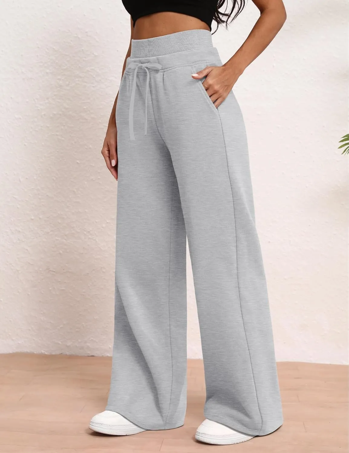 HeSaYep Women's Wide Leg Sweatpants Double Waisted Baggy Sweat Pants with Pockets