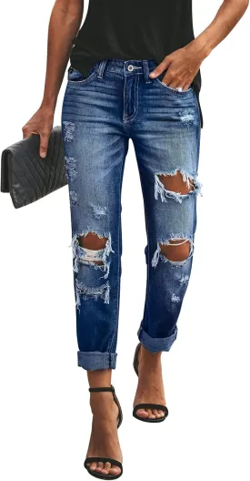 KUNMI Women's Ripped Mid Waisted Boyfriend Jeans Loose Fit Distressed Stretchy Denim Pants