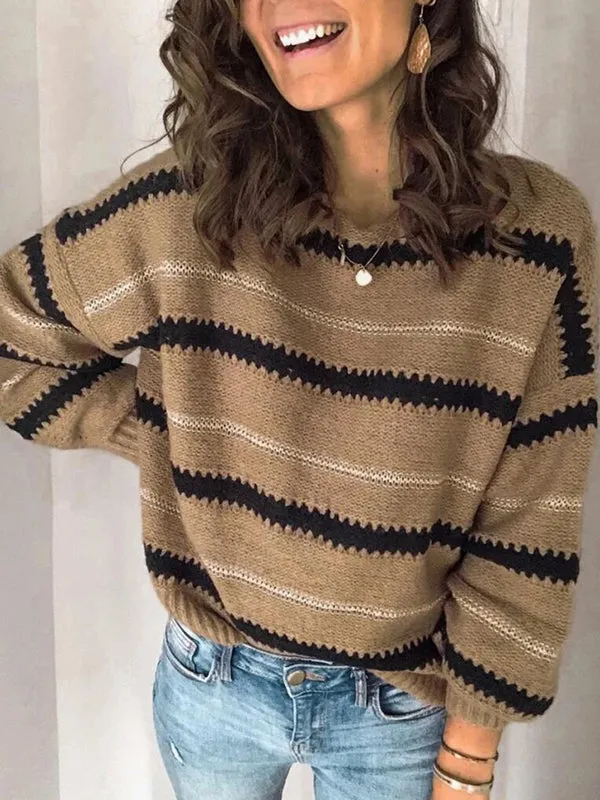 Long Sleeves Loose Striped Round-Neck Knitwear Pullovers Sweater Tops