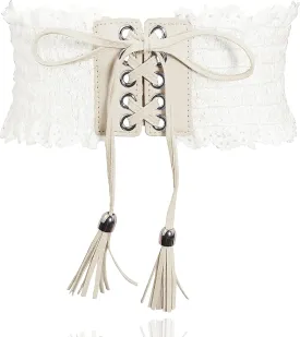 Lovful Lace Elastic Belt for Women,Adjustable Faux Leather Waist Belt,Tassel Obi Cinch Belt