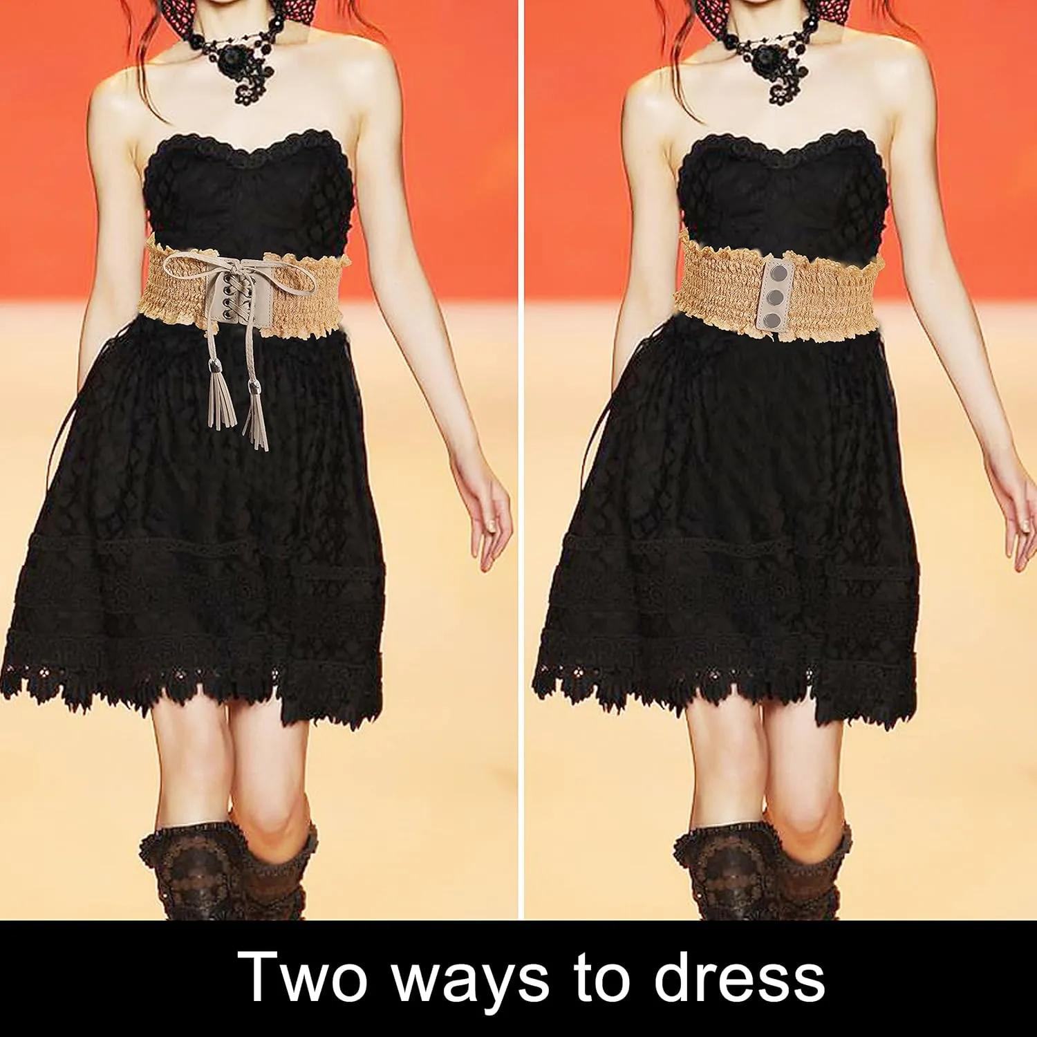 Lovful Lace Elastic Belt for Women,Adjustable Faux Leather Waist Belt,Tassel Obi Cinch Belt
