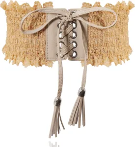 Lovful Lace Elastic Belt for Women,Adjustable Faux Leather Waist Belt,Tassel Obi Cinch Belt