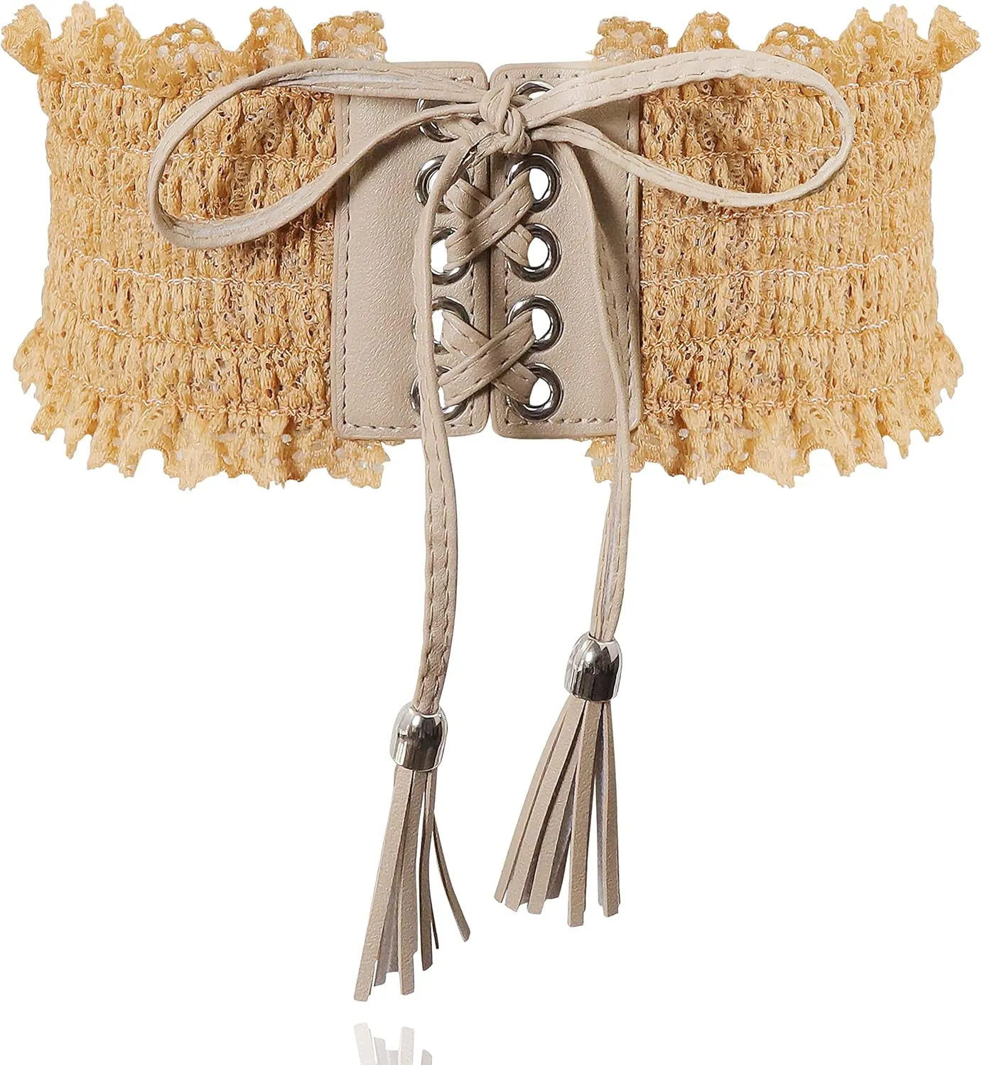 Lovful Lace Elastic Belt for Women,Adjustable Faux Leather Waist Belt,Tassel Obi Cinch Belt