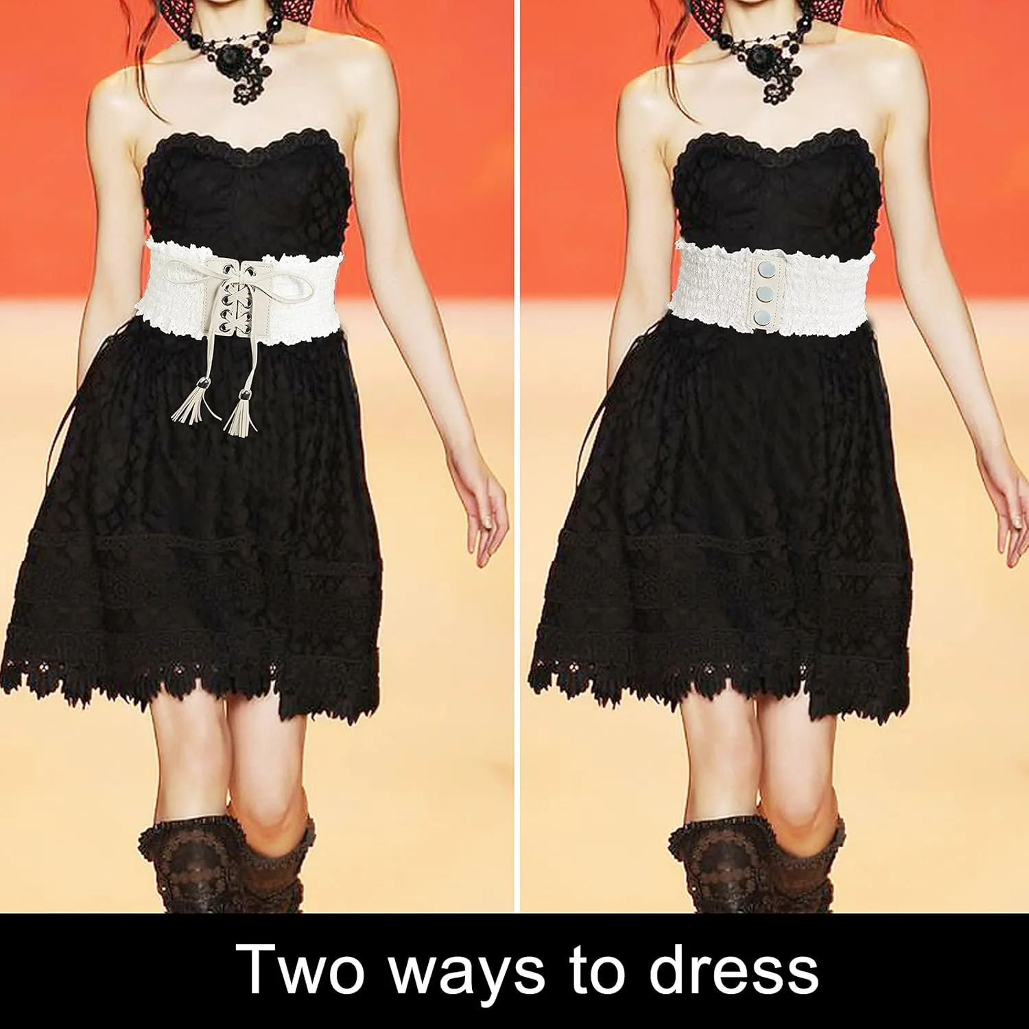 Lovful Lace Elastic Belt for Women,Adjustable Faux Leather Waist Belt,Tassel Obi Cinch Belt