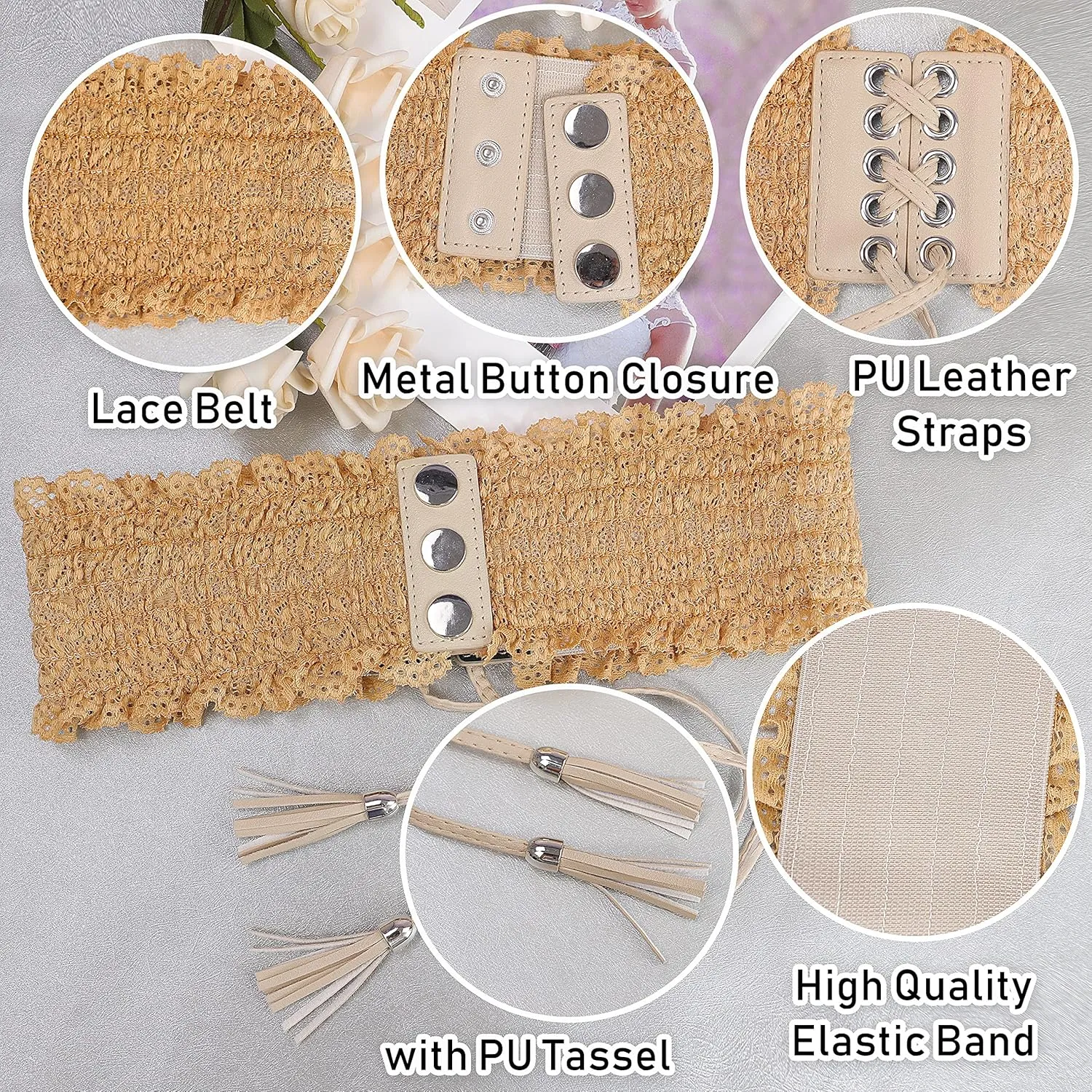 Lovful Lace Elastic Belt for Women,Adjustable Faux Leather Waist Belt,Tassel Obi Cinch Belt