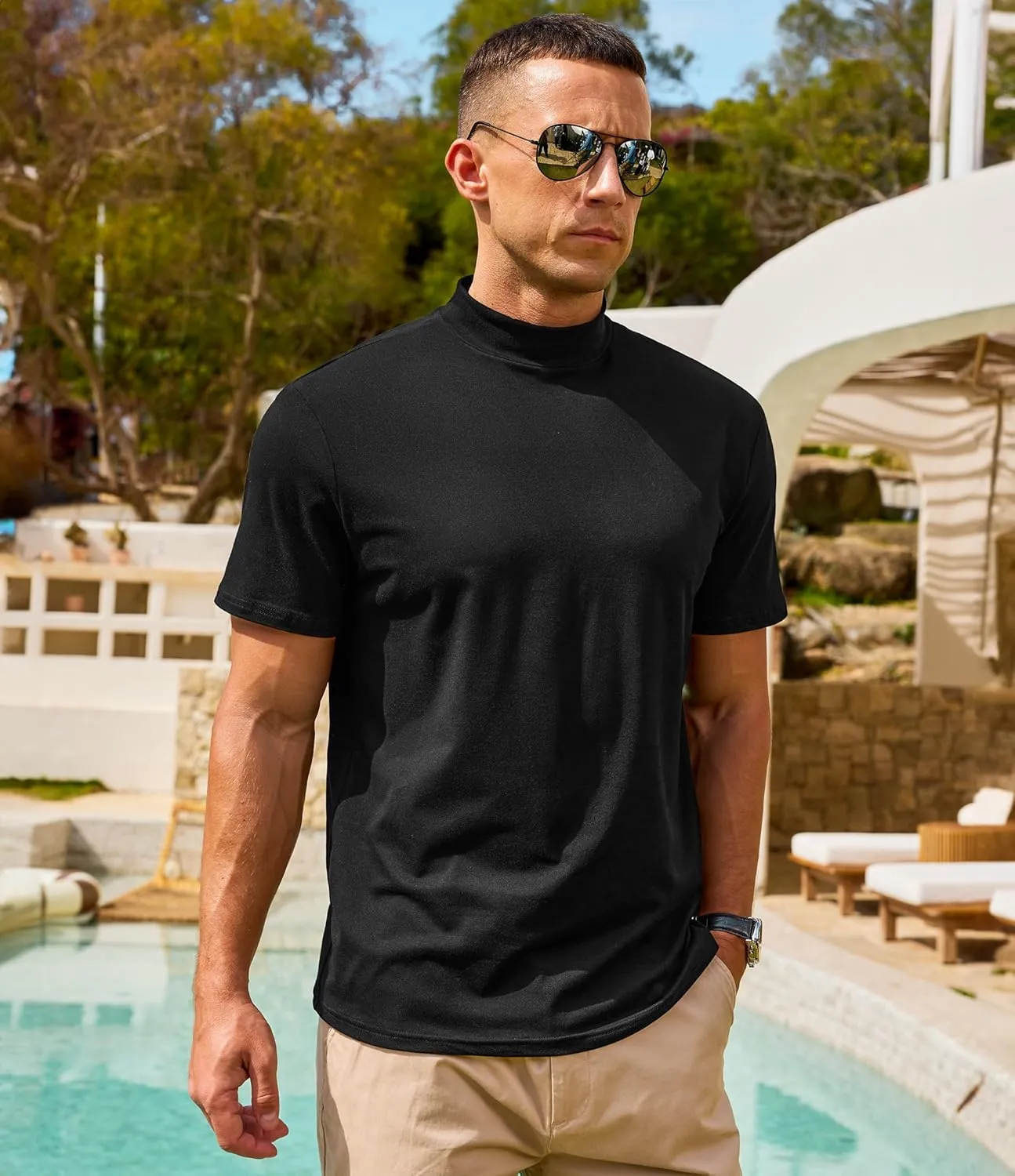 Men's Mock Turtleneck Short Sleeve Soft Lightweight Casual Basic T-Shirts Solid Pullover Tops