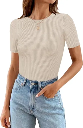 MEROKEETY Women's Short Sleeve Crewneck Bodysuits Summer Ribbed Knit Tops Slim Fit Body Suit