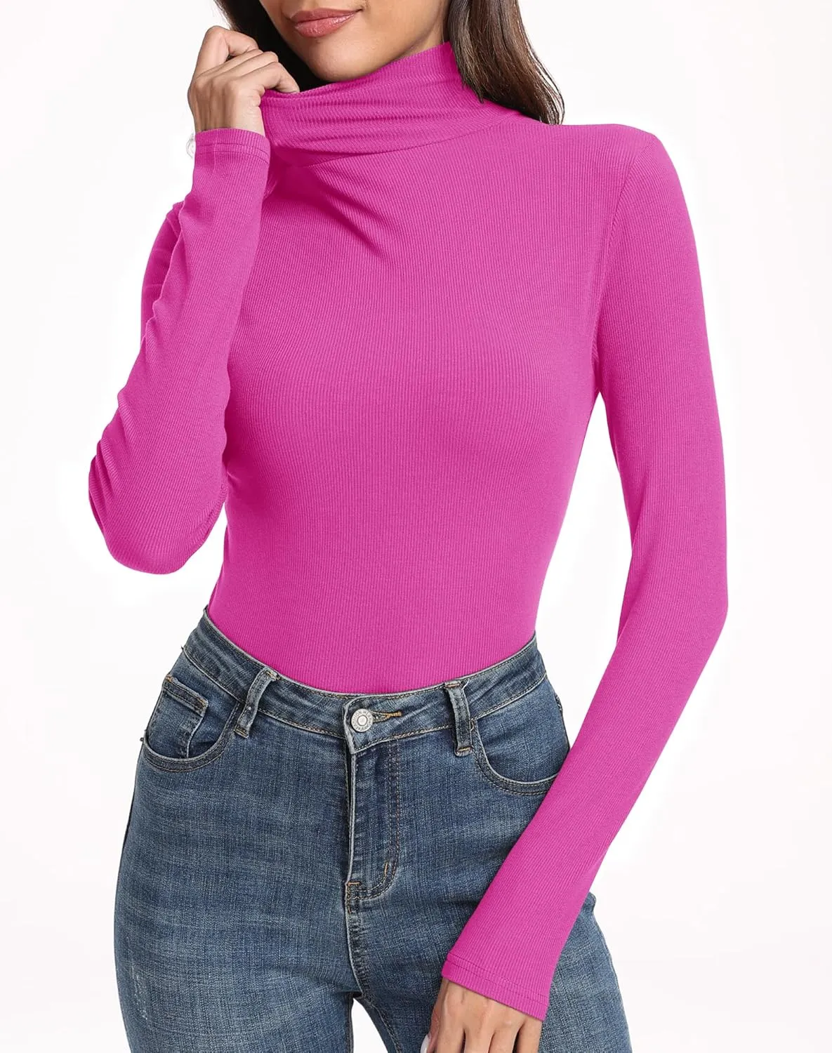 PALINDA Women's Ribbed Turtleneck Fitted Long Sleeve Shirts Basic Thermal Layering Tops