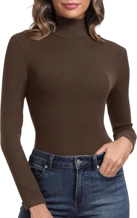 PALINDA Women's Ribbed Turtleneck Fitted Long Sleeve Shirts Basic Thermal Layering Tops