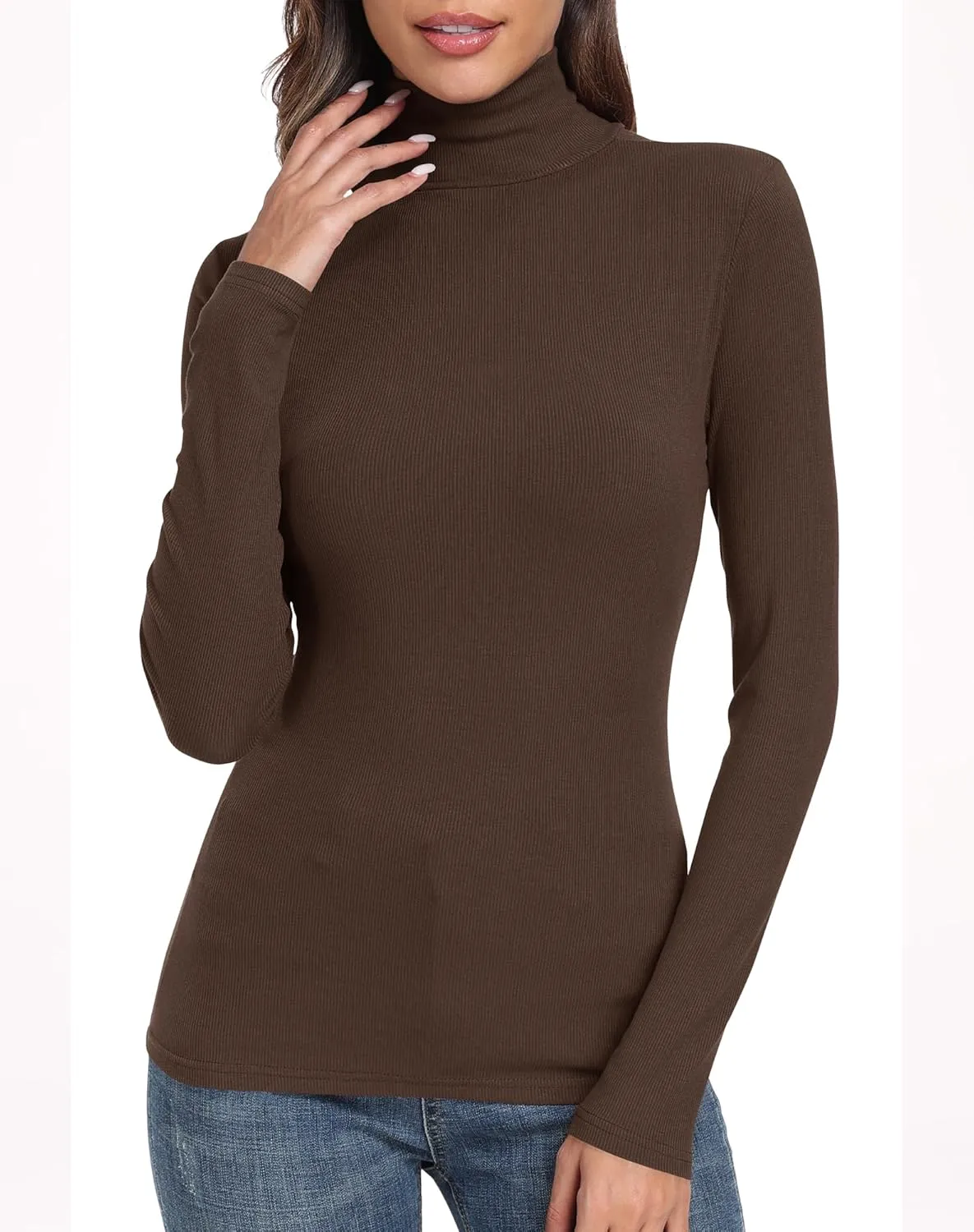PALINDA Women's Ribbed Turtleneck Fitted Long Sleeve Shirts Basic Thermal Layering Tops