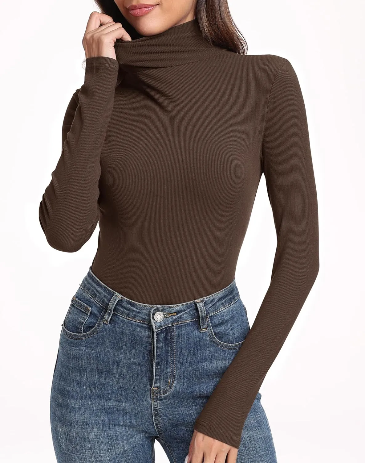 PALINDA Women's Ribbed Turtleneck Fitted Long Sleeve Shirts Basic Thermal Layering Tops