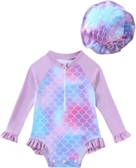 puseky Baby Girls One Piece Swimsuit Zip Rash Guard with Hat Set Swimwear Ruffled Cute Newborn Baby Girl Bathing Suit