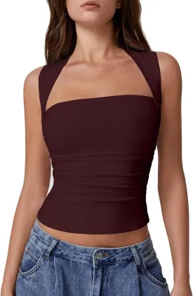 QINSEN Womens Square Neck Tank Tops Side Ruched Double Lined Slim Fit Summer Going Out Crop Top