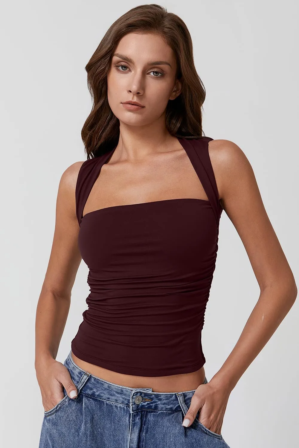 QINSEN Womens Square Neck Tank Tops Side Ruched Double Lined Slim Fit Summer Going Out Crop Top