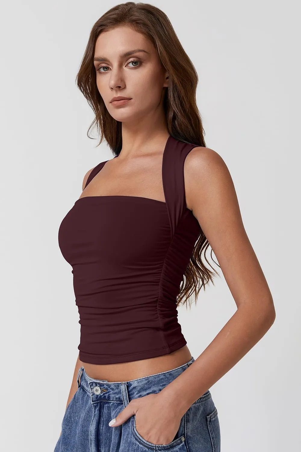QINSEN Womens Square Neck Tank Tops Side Ruched Double Lined Slim Fit Summer Going Out Crop Top