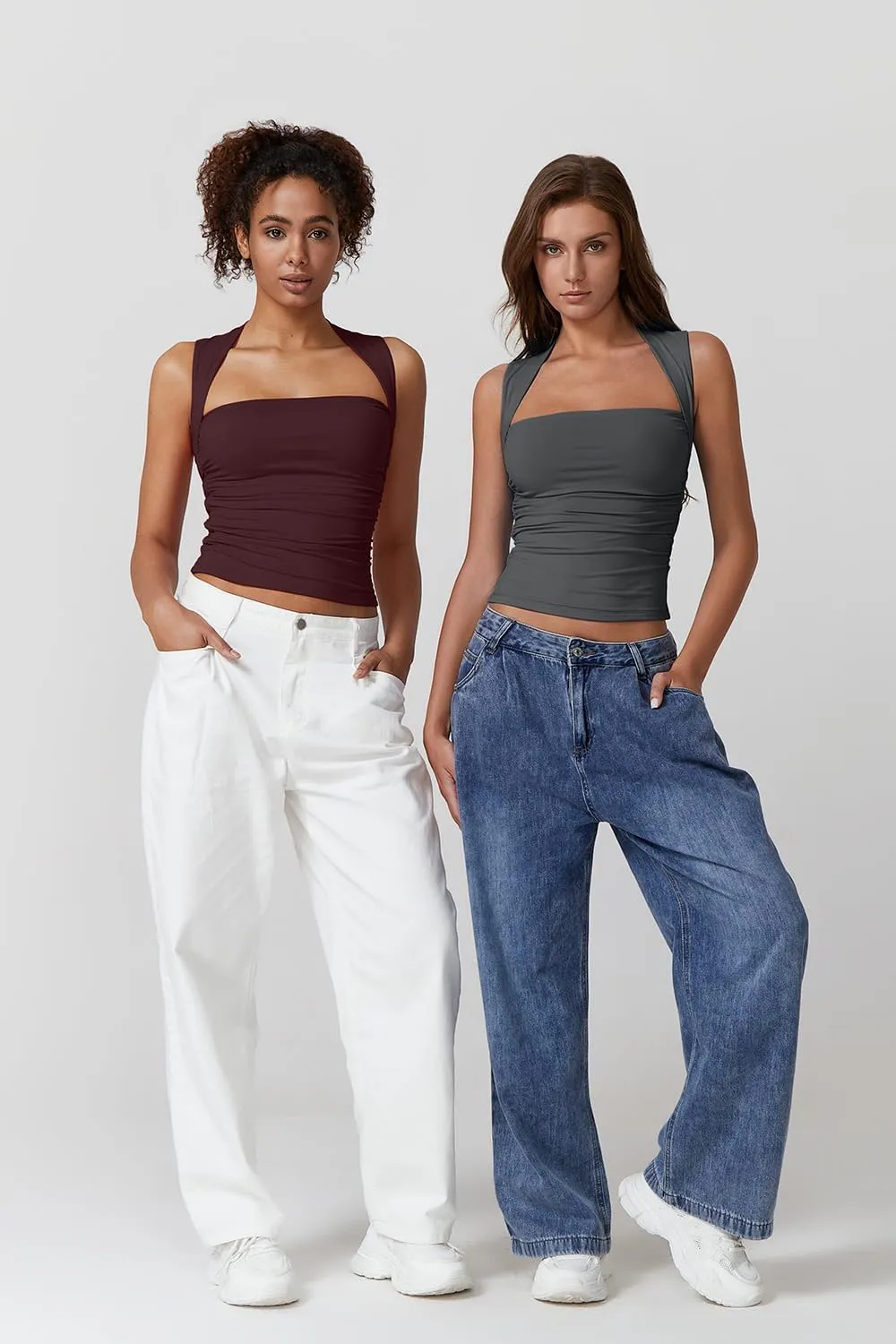 QINSEN Womens Square Neck Tank Tops Side Ruched Double Lined Slim Fit Summer Going Out Crop Top