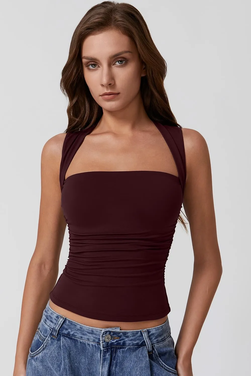QINSEN Womens Square Neck Tank Tops Side Ruched Double Lined Slim Fit Summer Going Out Crop Top