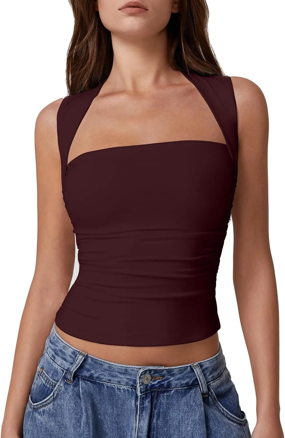 QINSEN Womens Square Neck Tank Tops Side Ruched Double Lined Slim Fit Summer Going Out Crop Top