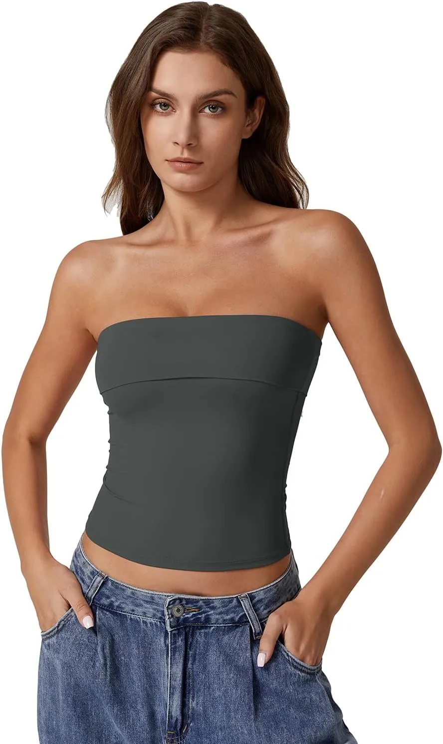 QINSEN Women's Tube Tops Strapless Bandeau Tops Double Lined Slim Fit Summer Going Out Tank Tops