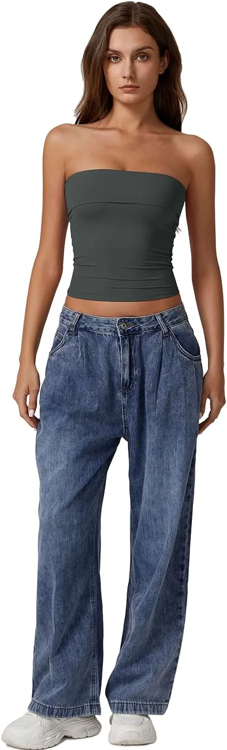 QINSEN Women's Tube Tops Strapless Bandeau Tops Double Lined Slim Fit Summer Going Out Tank Tops