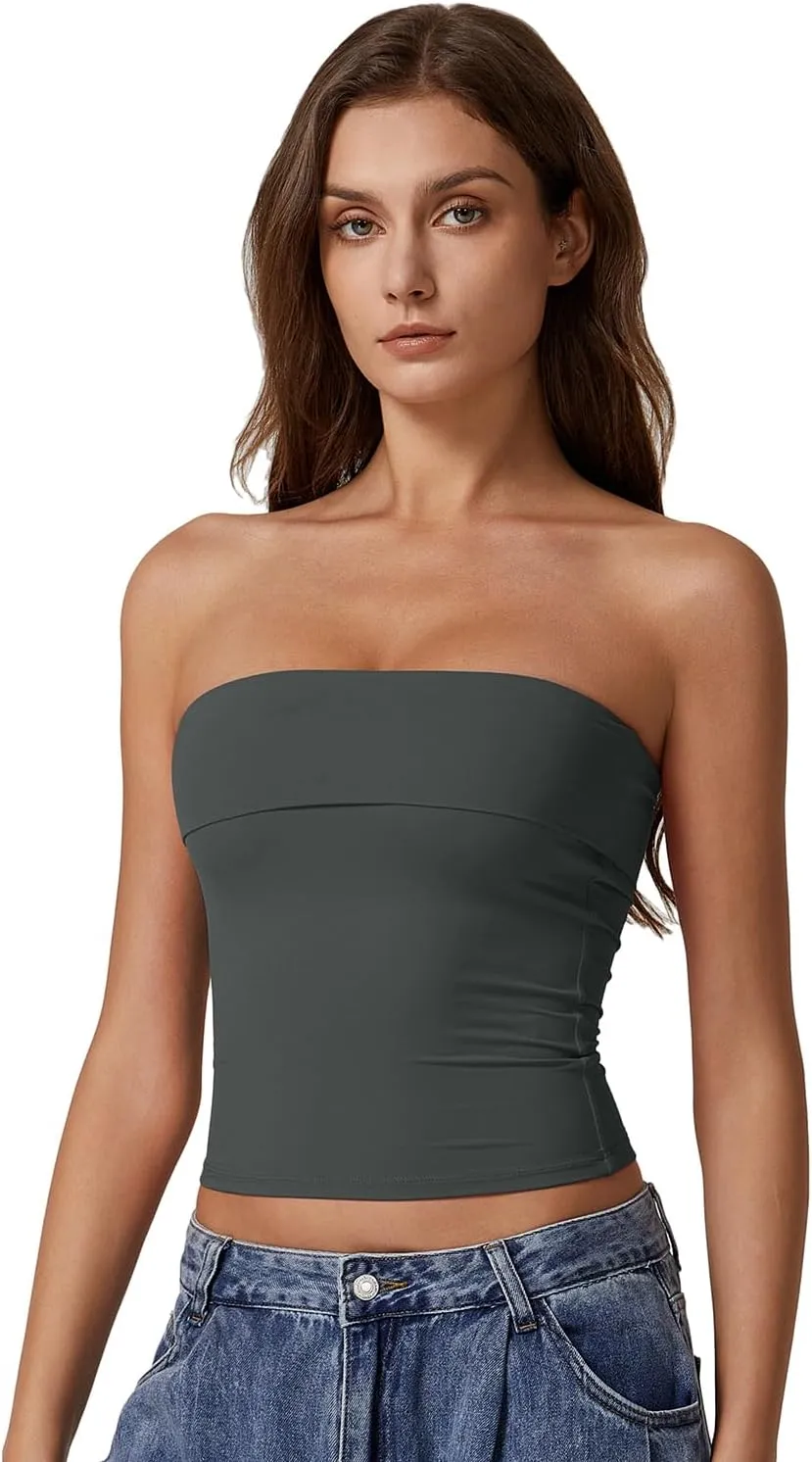 QINSEN Women's Tube Tops Strapless Bandeau Tops Double Lined Slim Fit Summer Going Out Tank Tops