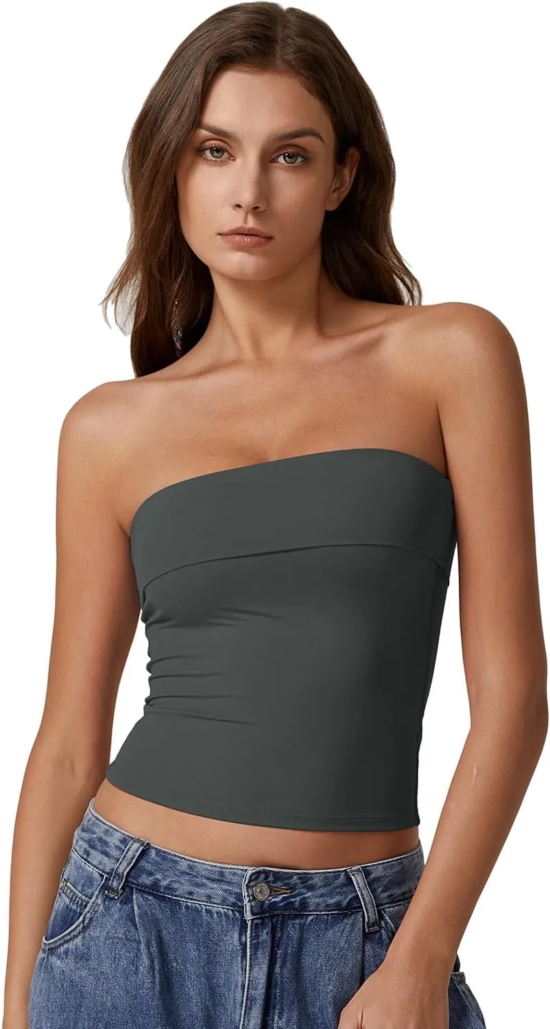QINSEN Women's Tube Tops Strapless Bandeau Tops Double Lined Slim Fit Summer Going Out Tank Tops