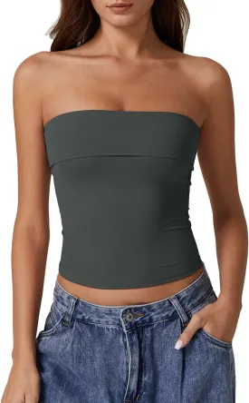 QINSEN Women's Tube Tops Strapless Bandeau Tops Double Lined Slim Fit Summer Going Out Tank Tops