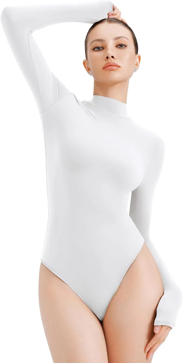 REORIA Women's Turtle Neck Long Sleeve Bodysuit Basic Slim Fit Double Lined Lightweight Layering Top for Fall & Winter
