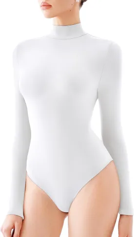 REORIA Women's Turtle Neck Long Sleeve Bodysuit Basic Slim Fit Double Lined Lightweight Layering Top for Fall & Winter