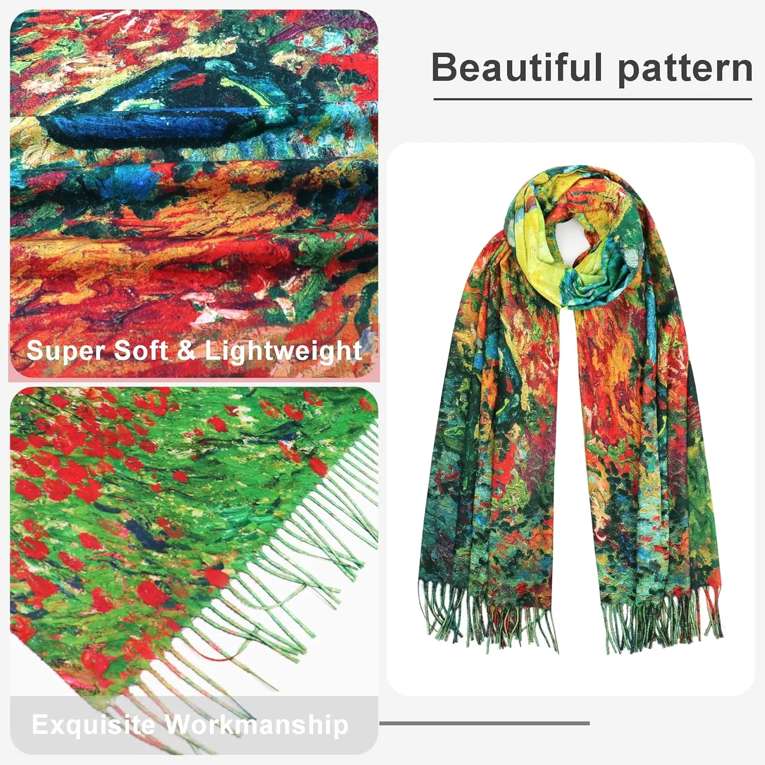 Reversible Pashmina Scarf - Double-side Cashmere Feel Shawl Wrap Monet Van Gogh Art Printing Scarves