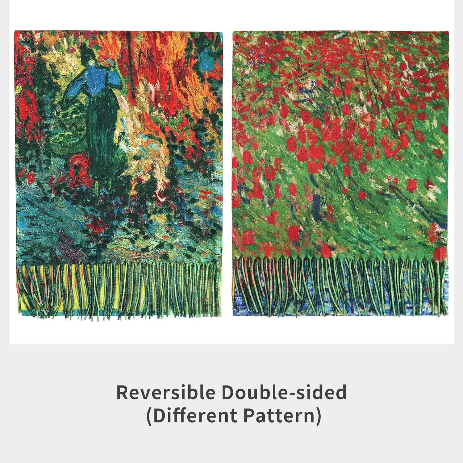 Reversible Pashmina Scarf - Double-side Cashmere Feel Shawl Wrap Monet Van Gogh Art Printing Scarves