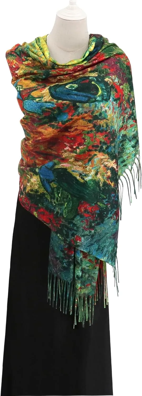 Reversible Pashmina Scarf - Double-side Cashmere Feel Shawl Wrap Monet Van Gogh Art Printing Scarves